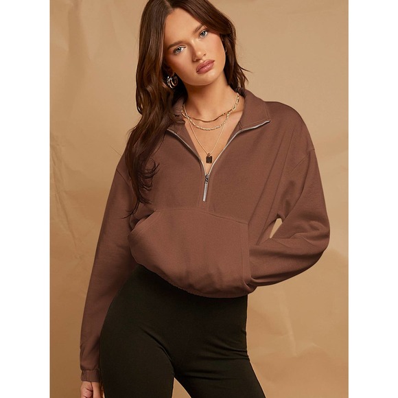🌟 minimalist Drop Shoulder Zip Half Placket Sweatshirt - Picture 10 of 11